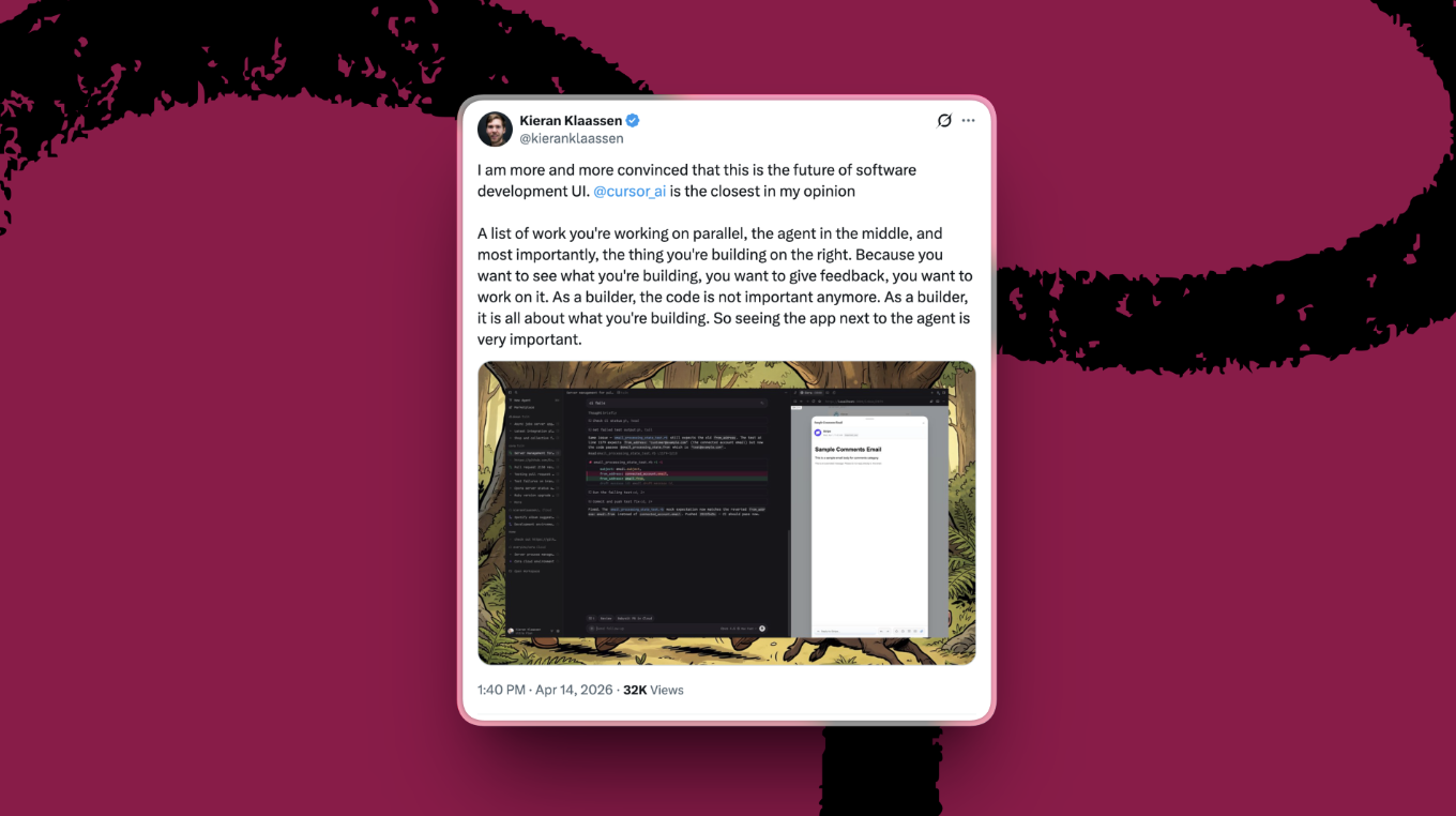 Kieran’s existing work setup in Cursor looks a lot like the new Claude Code. (Image courtesy of X/Kieran Klaassen.)
