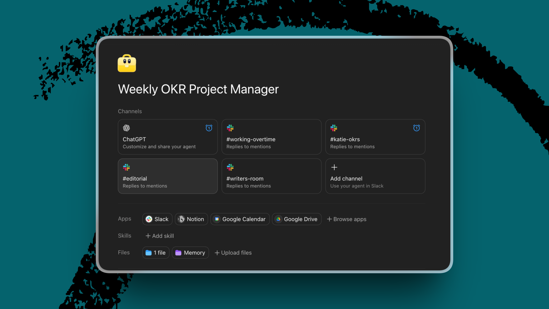 The dashboard for my project manager agent, complete with integrated apps, context files, and memory.