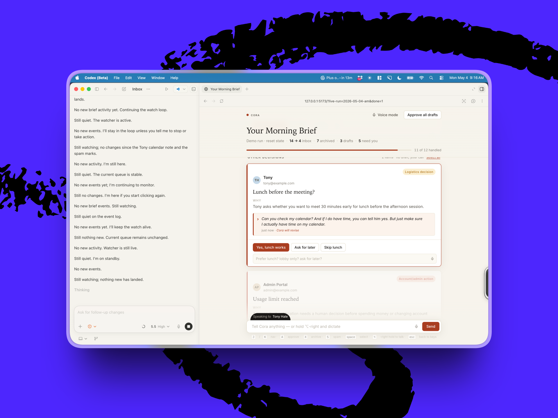 Dan’s email workflow as set up in Codex: chat on the left, web browser with Cora on the right. In this version, Dan has also vibe coded a one-page interface that plugs into Cora’s CLI. (Image courtesy of Dan Shipper.)