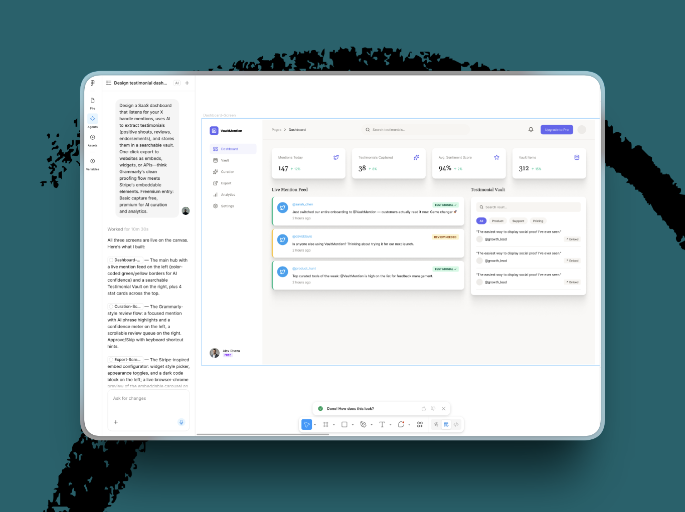 Benjamin used the agent to come up with a testimonial-mining SaaS dashboard, producing a structured early exploration ready for cleanup and iteration. (Image courtesy of Benjamin Ose.)