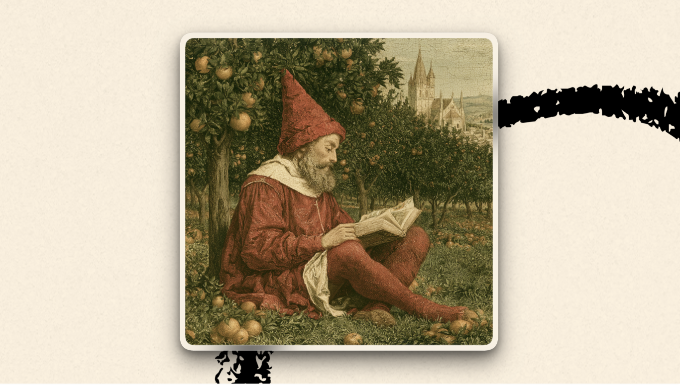One of the images generated in Midjourney from the prompt “medieval farmer reading in a field of oranges.” (Image courtesy of Daniel Rodrigues.)