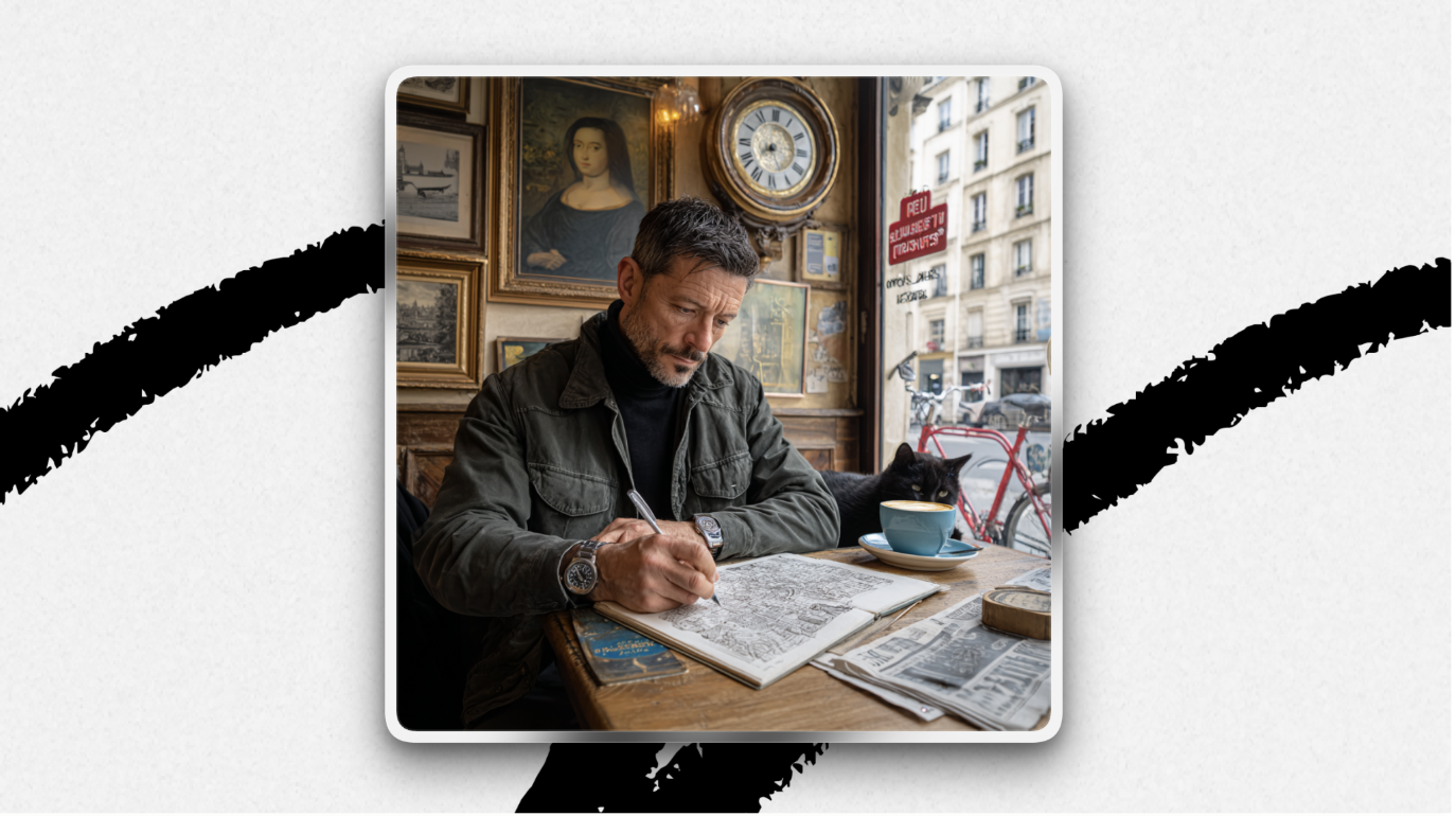 Midjourney's version. Notice how the model struggles with text—Midjourney is “terrible with letters,” Daniel says—and drops or misinterprets a number of details, such as the color of the pen, the notebook, and the cat’s sleeping status. The man is also wearing two watches. (Image courtesy of Daniel Rodrigues.)